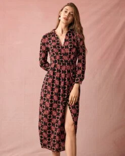 The Lapel Floral Long Sleeve Maxi Dress