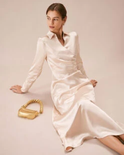 The Apricot Lapel Pleated Satin Maxi Dress 10 The Apricot Lapel Pleated Satin Maxi Dress -CINN Clothing Shop the apricot collared wrap satin maxi dress dresses lz6g4z