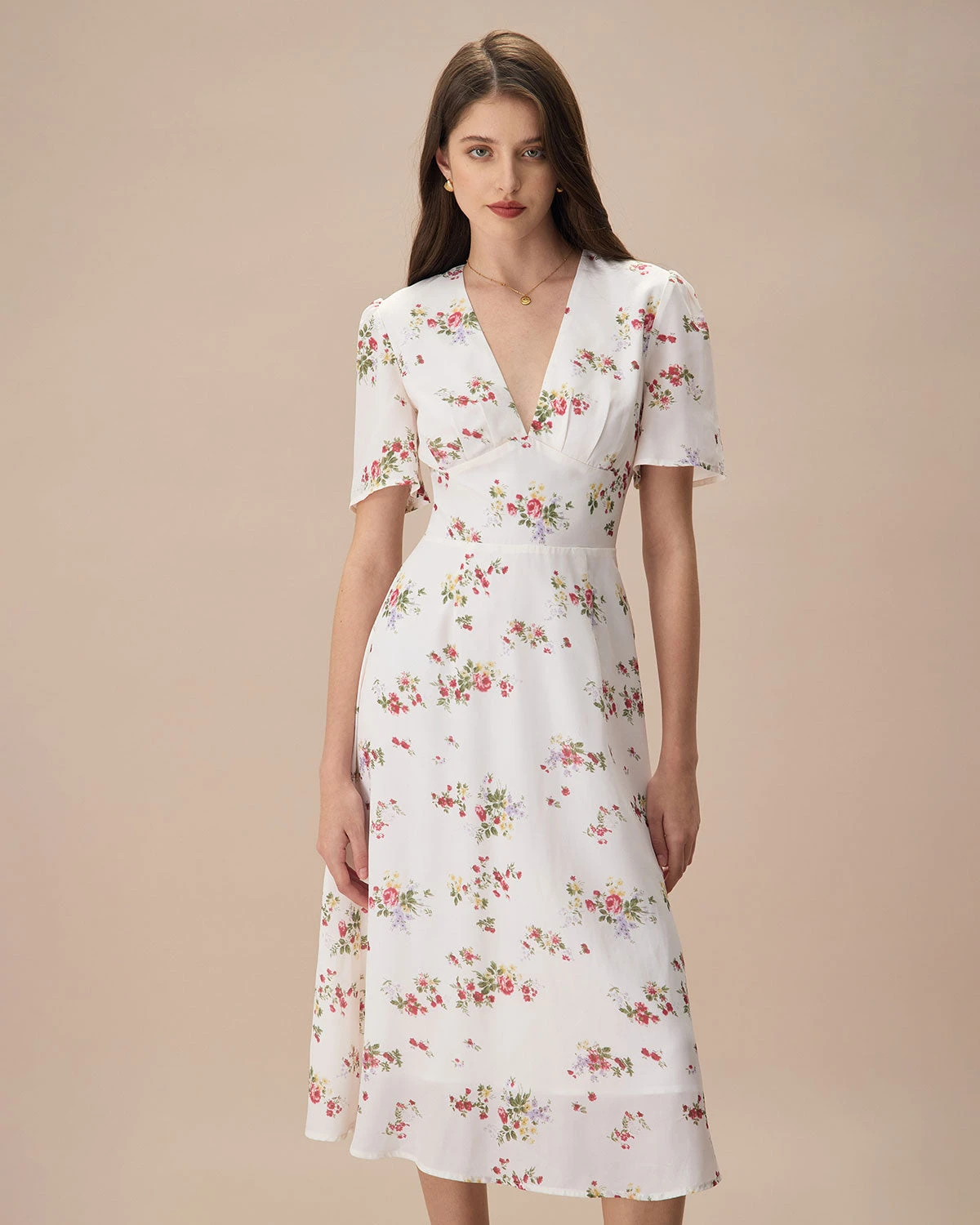The Apricot V Neck Floral Ruched Midi Dress 1 The Apricot V Neck Floral Ruched Midi Dress