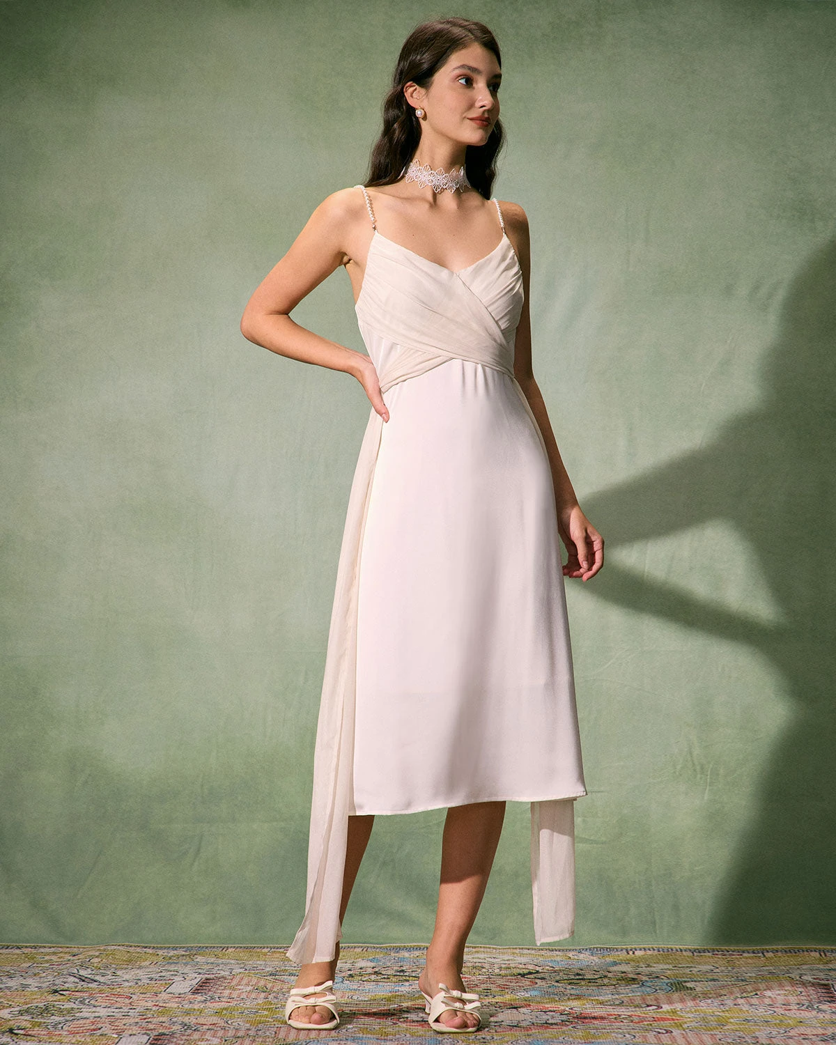 The Apricot V Neck Pearl Strap Satin Midi Dress 5 The Apricot V Neck Pearl Strap Satin Midi Dress - Image 5