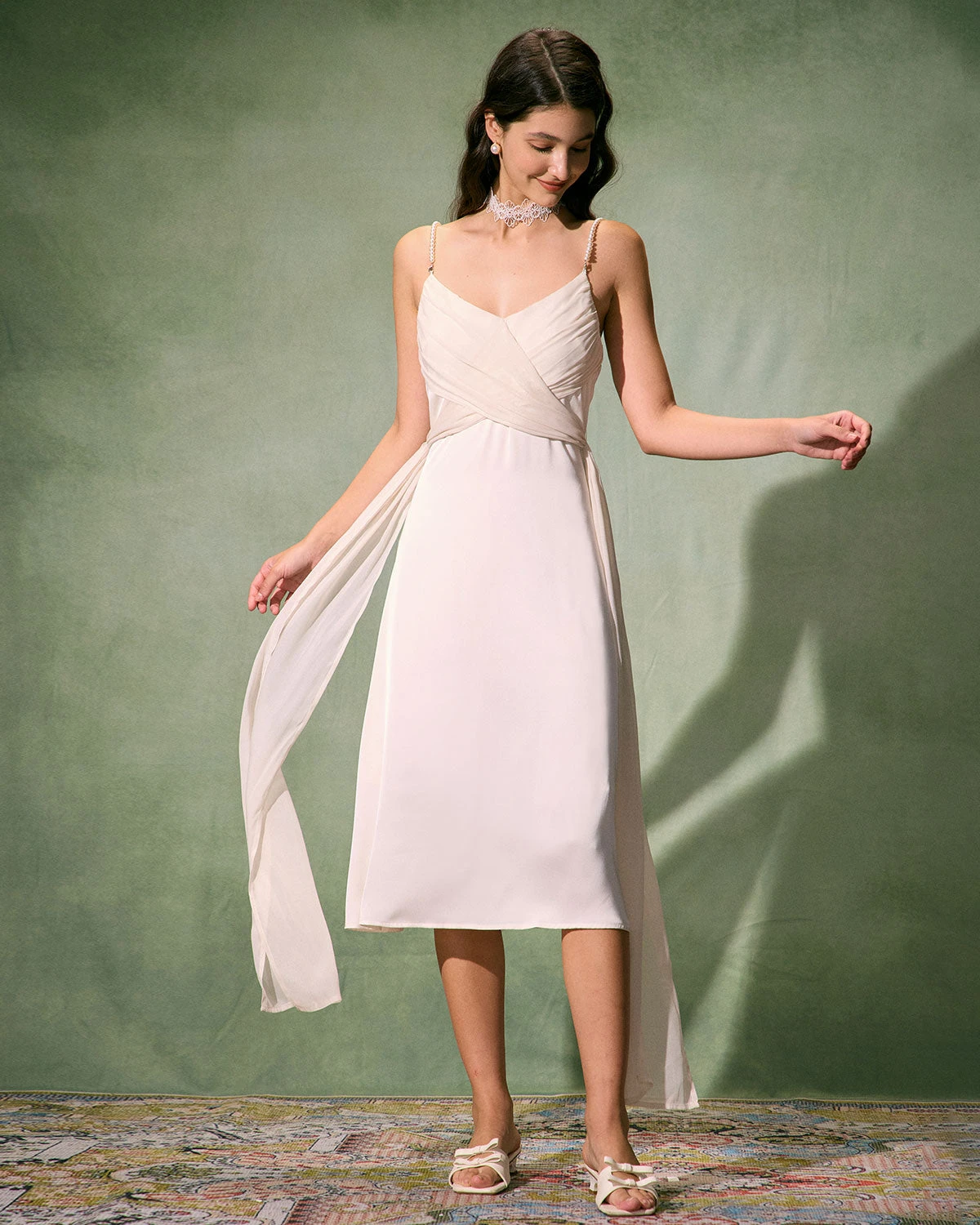 The Apricot V Neck Pearl Strap Satin Midi Dress 4 The Apricot V Neck Pearl Strap Satin Midi Dress - Image 4