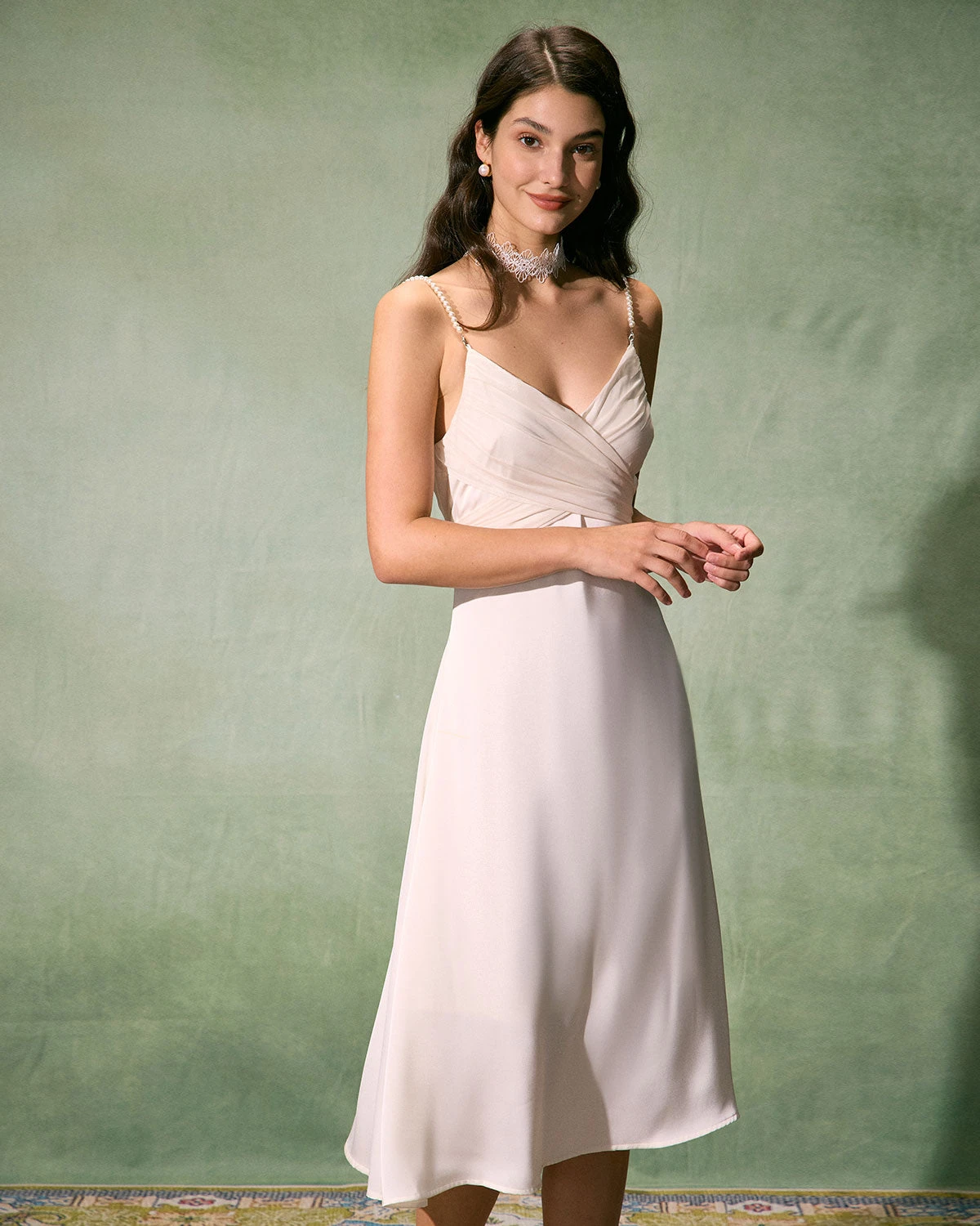 The Apricot V Neck Pearl Strap Satin Midi Dress 1 The Apricot V Neck Pearl Strap Satin Midi Dress