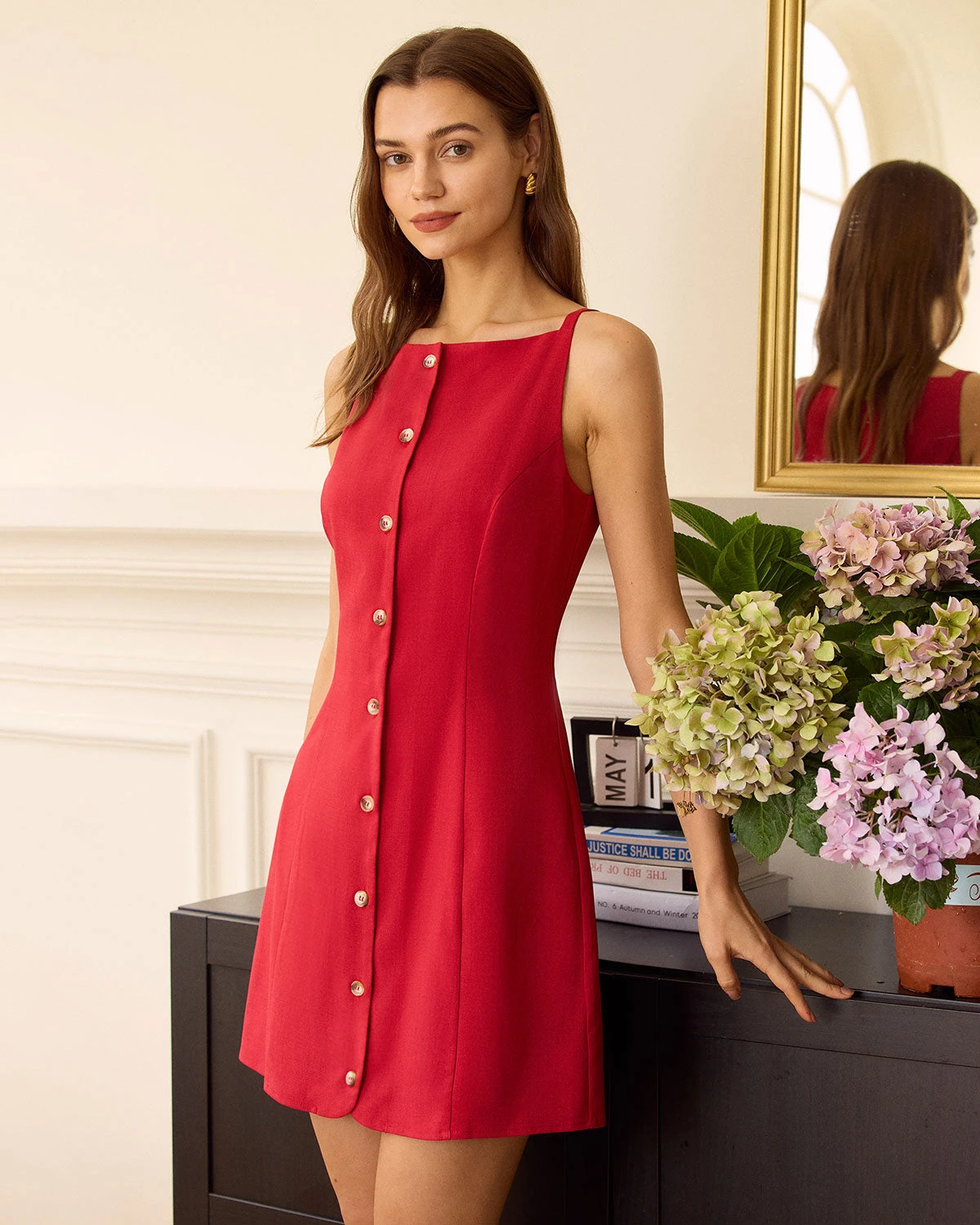 The Beige Boat Neck Button Mini Dress 9 The Beige Boat Neck Button Mini Dress - Image 9