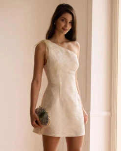 The Beige One-Shoulder Jacquard Mini Dress 8 The Beige One-Shoulder Jacquard Mini Dress -CINN Clothing Shop the beige one shoulder jacquard mini dress dresses tqjunb
