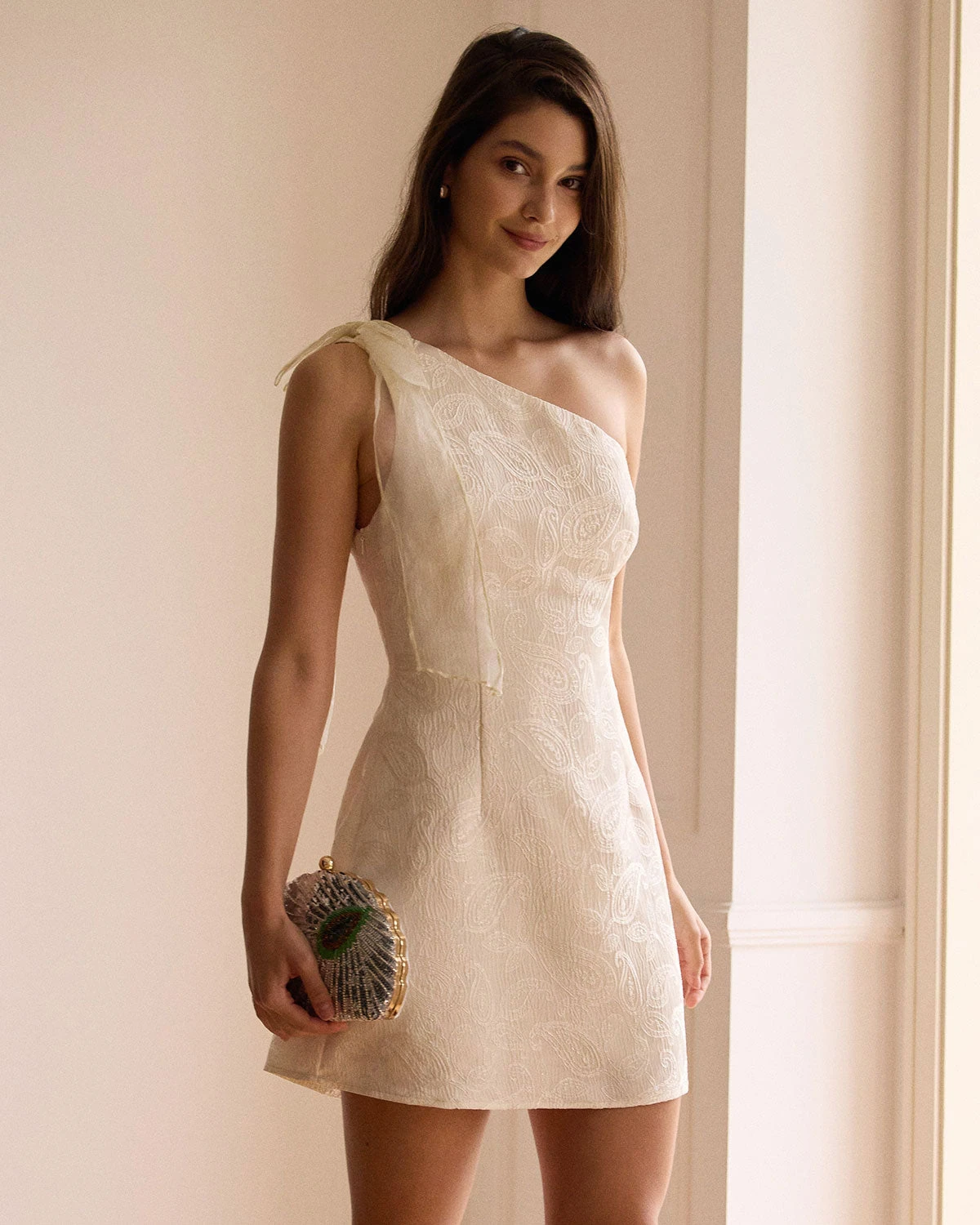 The Beige One-Shoulder Jacquard Mini Dress 4 The Beige One-Shoulder Jacquard Mini Dress - Image 4