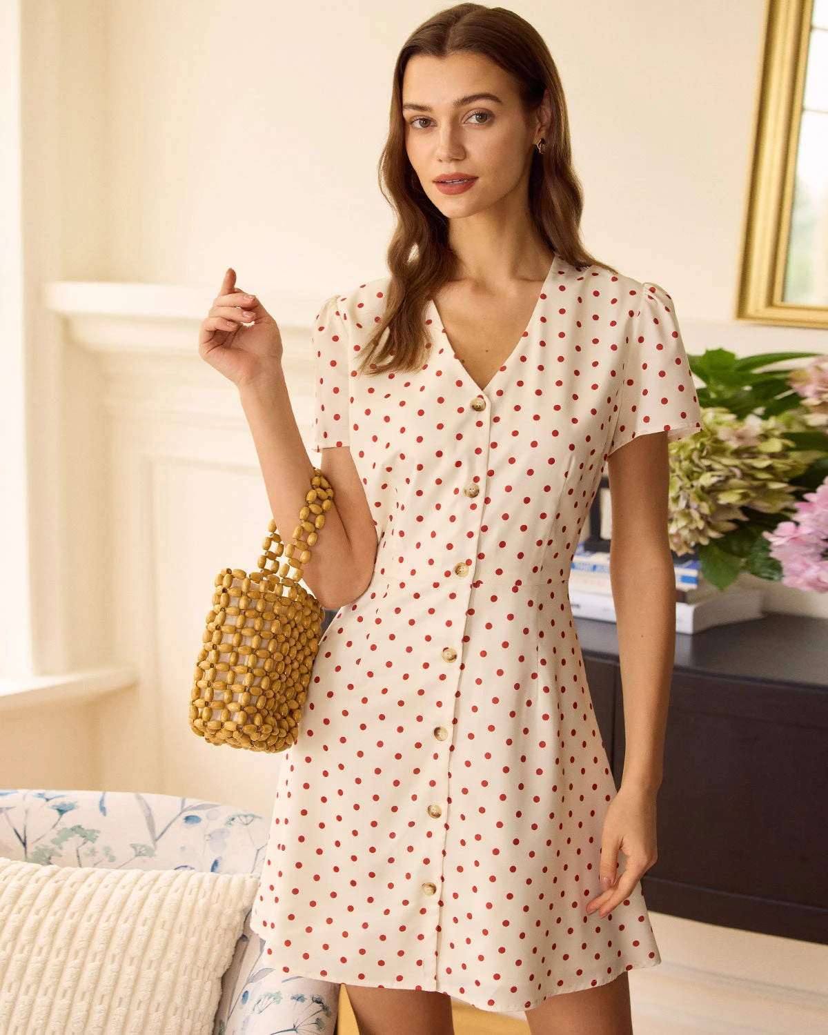 The Beige Polka Dot Button Mini Dress 1 The Beige Polka Dot Button Mini Dress