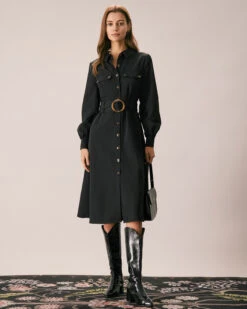 The Black Belted Button-Down Shirt Midi Dress 10 The Black Belted Button-Down Shirt Midi Dress -CINN Clothing Shop the belted button down shirt dress dresses aor3la