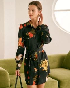 The Black Lapel Button Floral Satin Mini Dress 8 The Black Lapel Button Floral Satin Mini Dress -CINN Clothing Shop the black collared floral satin mini dress black dresses hqtvwn