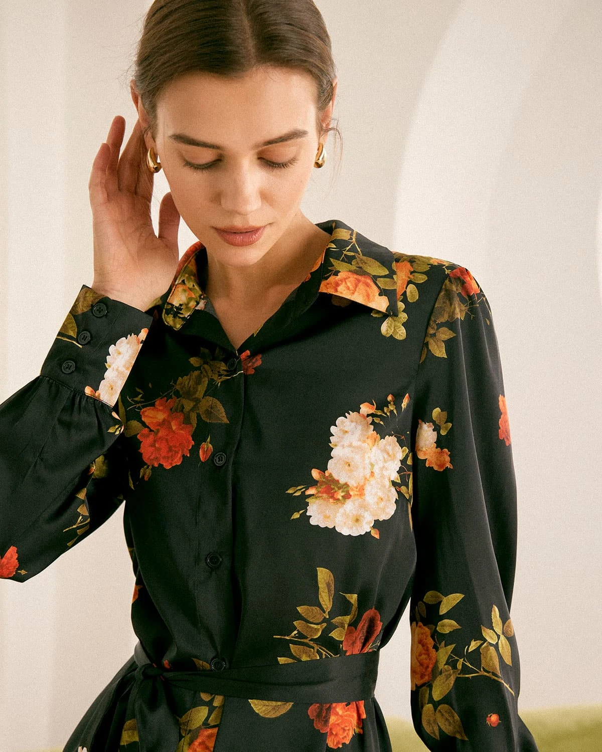 The Black Lapel Button Floral Satin Mini Dress 3 The Black Lapel Button Floral Satin Mini Dress - Image 3