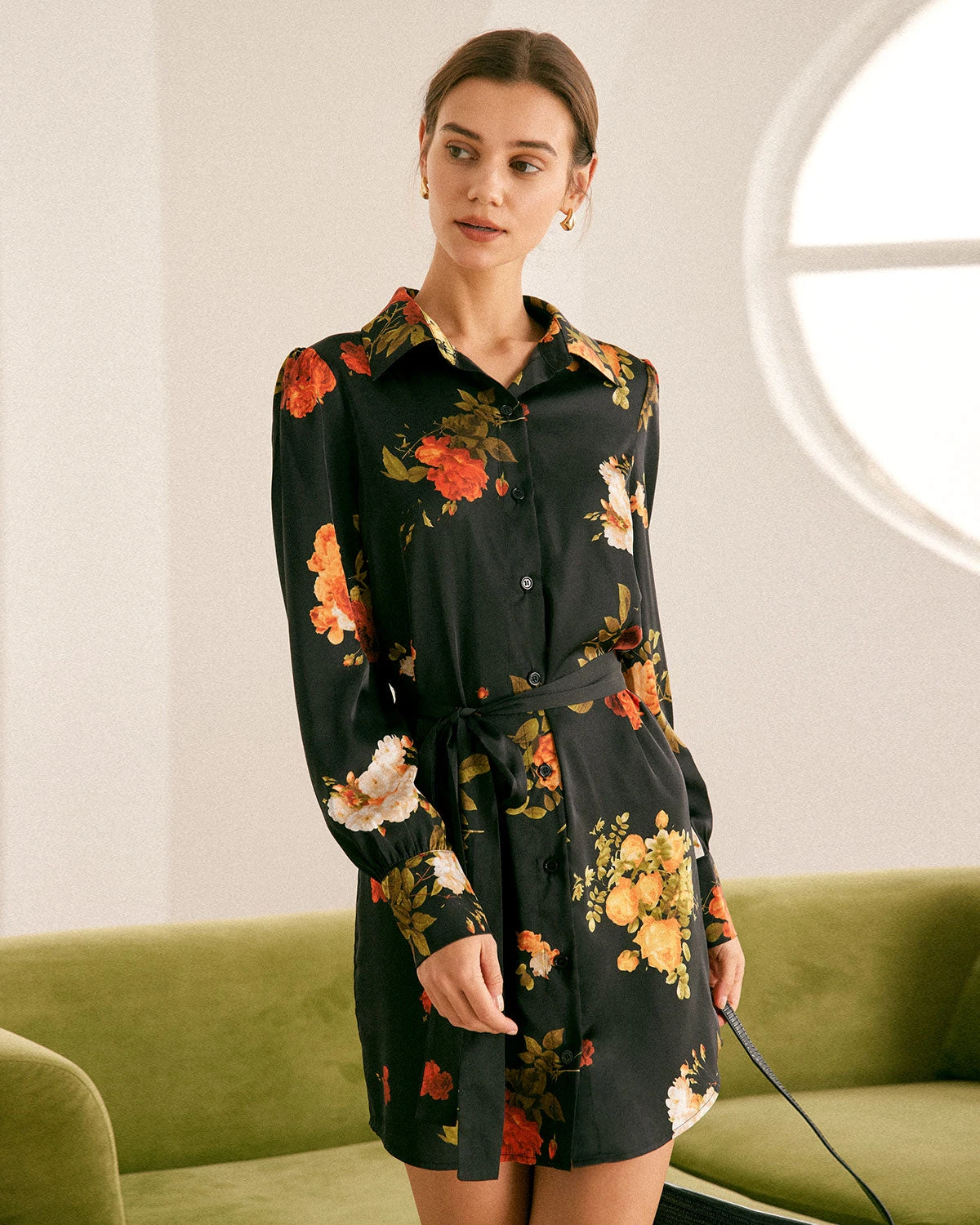 The Black Lapel Button Floral Satin Mini Dress 2 The Black Lapel Button Floral Satin Mini Dress - Image 2