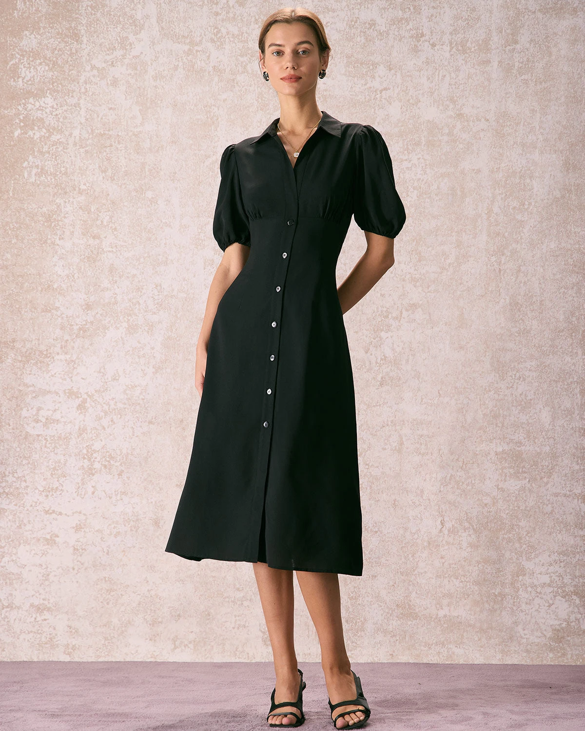 The Black Lapel Button Puff Sleeve Midi Dress 4 The Black Lapel Button Puff Sleeve Midi Dress - Image 4