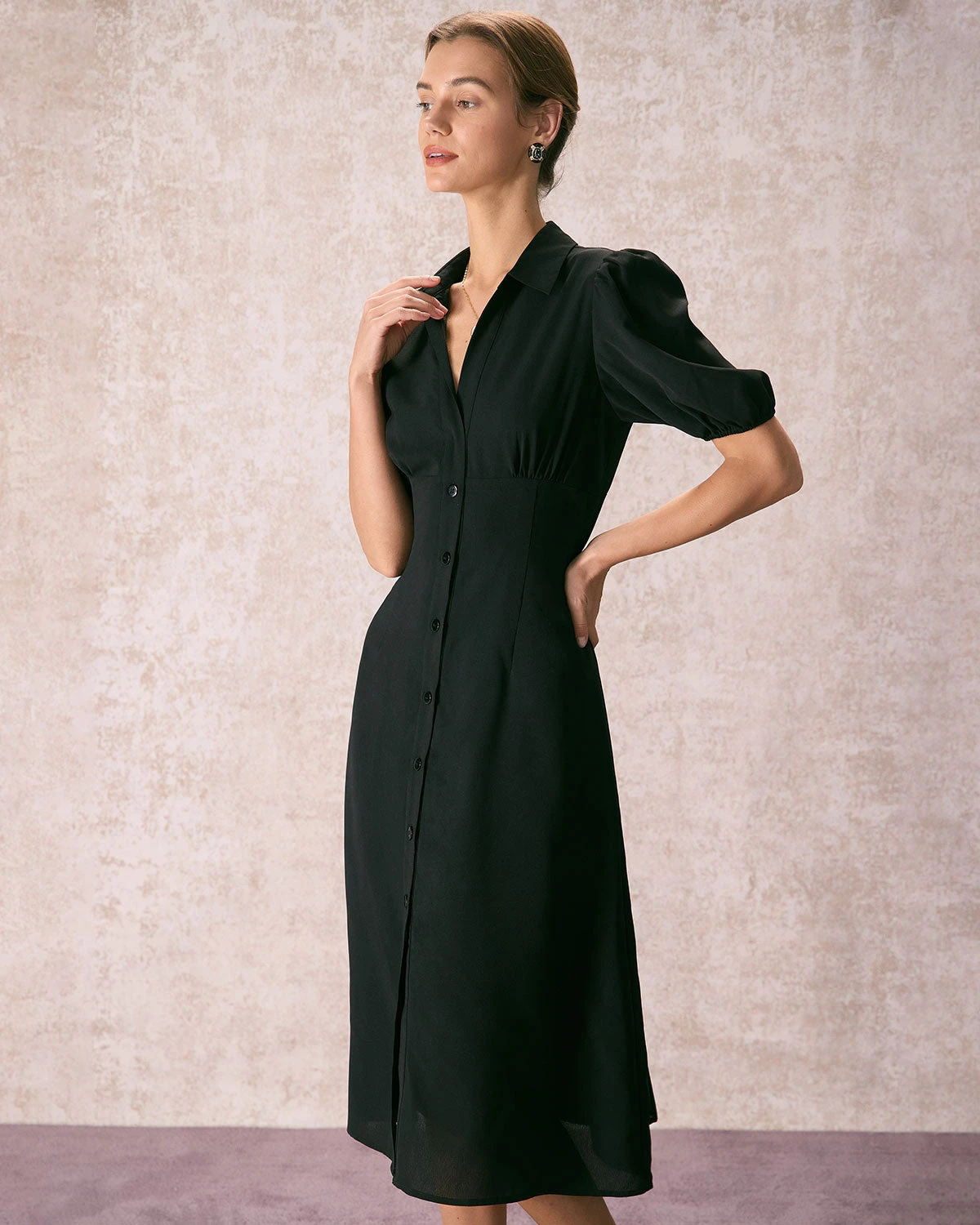 The Black Lapel Button Puff Sleeve Midi Dress 5 The Black Lapel Button Puff Sleeve Midi Dress - Image 5