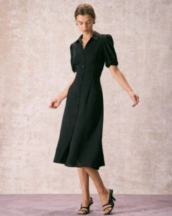 The Black Lapel Button Puff Sleeve Midi Dress 8 The Black Lapel Button Puff Sleeve Midi Dress -CINN Clothing Shop the black collared puff sleeve midi dress dresses dqjetk
