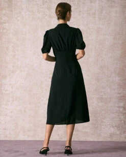 The Black Lapel Button Puff Sleeve Midi Dress 11 The Black Lapel Button Puff Sleeve Midi Dress -CINN Clothing Shop the black collared puff sleeve midi dress dresses dwoxci