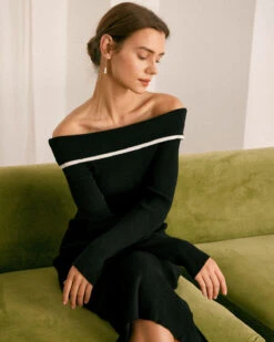 The Black Off The Shoulder Contrast Midi Dress 7 The Black Off The Shoulder Contrast Midi Dress -CINN Clothing Shop the black contrasting sweater midi dress dresses hvsuou