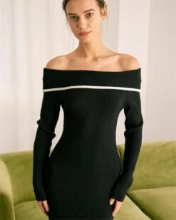 The Black Off The Shoulder Contrast Midi Dress 8 The Black Off The Shoulder Contrast Midi Dress -CINN Clothing Shop the black contrasting sweater midi dress dresses mappqg
