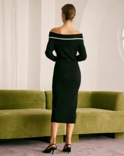 The Black Off The Shoulder Contrast Midi Dress 9 The Black Off The Shoulder Contrast Midi Dress -CINN Clothing Shop the black contrasting sweater midi dress dresses mxl0ju
