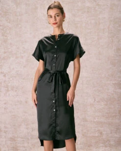 The Black Crew Neck Belted Satin Midi Dress 7 The Black Crew Neck Belted Satin Midi Dress -CINN Clothing Shop the black crew neck satin midi dress dresses koee6s