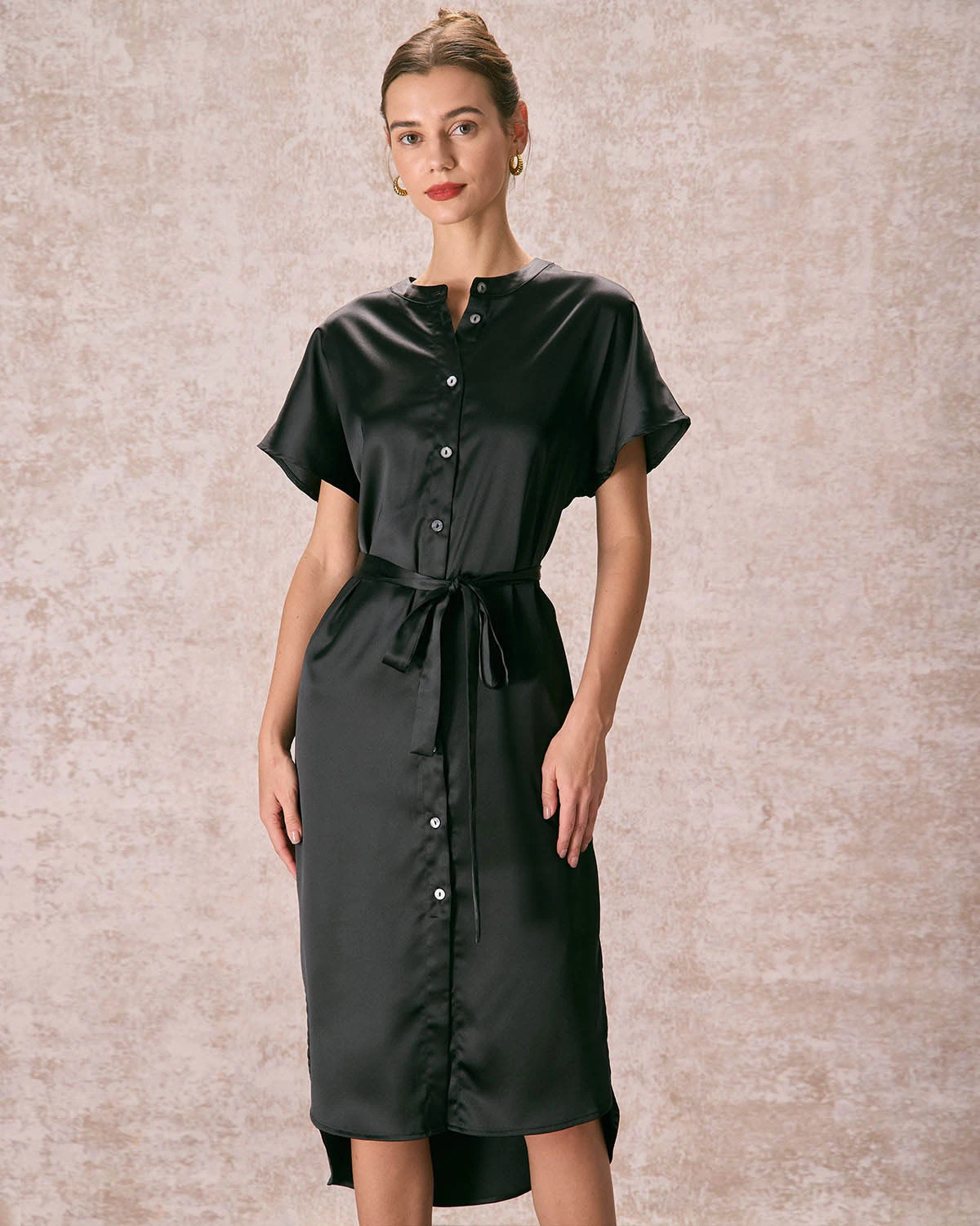 The Black Crew Neck Belted Satin Midi Dress 3 The Black Crew Neck Belted Satin Midi Dress - Image 3