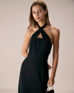 The Black Halter Criss Cross Front Midi Dress -CINN Clothing Shop the black criss cross front halter midi dress dresses 3s9nk9