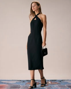 The Black Halter Criss Cross Front Midi Dress -CINN Clothing Shop the black criss cross front halter midi dress dresses vn22ec