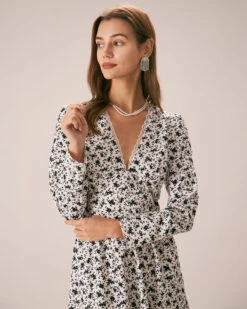 The Black Deep V Neck Floral Lace Midi Dress -CINN Clothing Shop the black deep v neck floral lace midi dress dresses dubisx