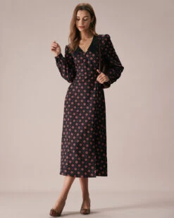 The Black Four-leaf Clover Print Midi Dress 8 The Black Four-leaf Clover Print Midi Dress -CINN Clothing Shop the black four leaf clover print midi dress dresses w2tccm