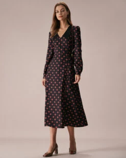 The Black Four-leaf Clover Print Midi Dress 7 The Black Four-leaf Clover Print Midi Dress -CINN Clothing Shop the black four leaf clover print midi dress dresses xt267m