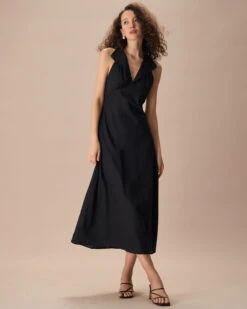 The Black Collared Frill Trim Linen Maxi Dress -CINN Clothing Shop the black frill trim maxi dress dresses lpscrw
