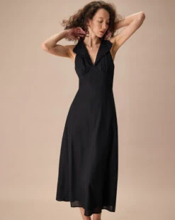 The Black Collared Frill Trim Linen Maxi Dress -CINN Clothing Shop the black frill trim maxi dress dresses mpuivw