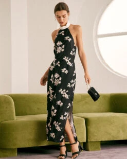 The Black Halter Floral Backless Maxi Dress