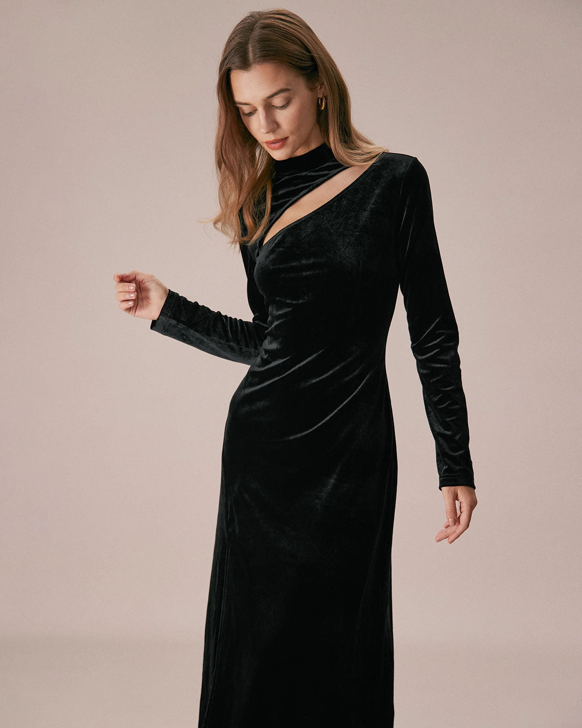 The Black Mock Neck Velvet Slit Maxi Dress 2 The Black Mock Neck Velvet Slit Maxi Dress - Image 2