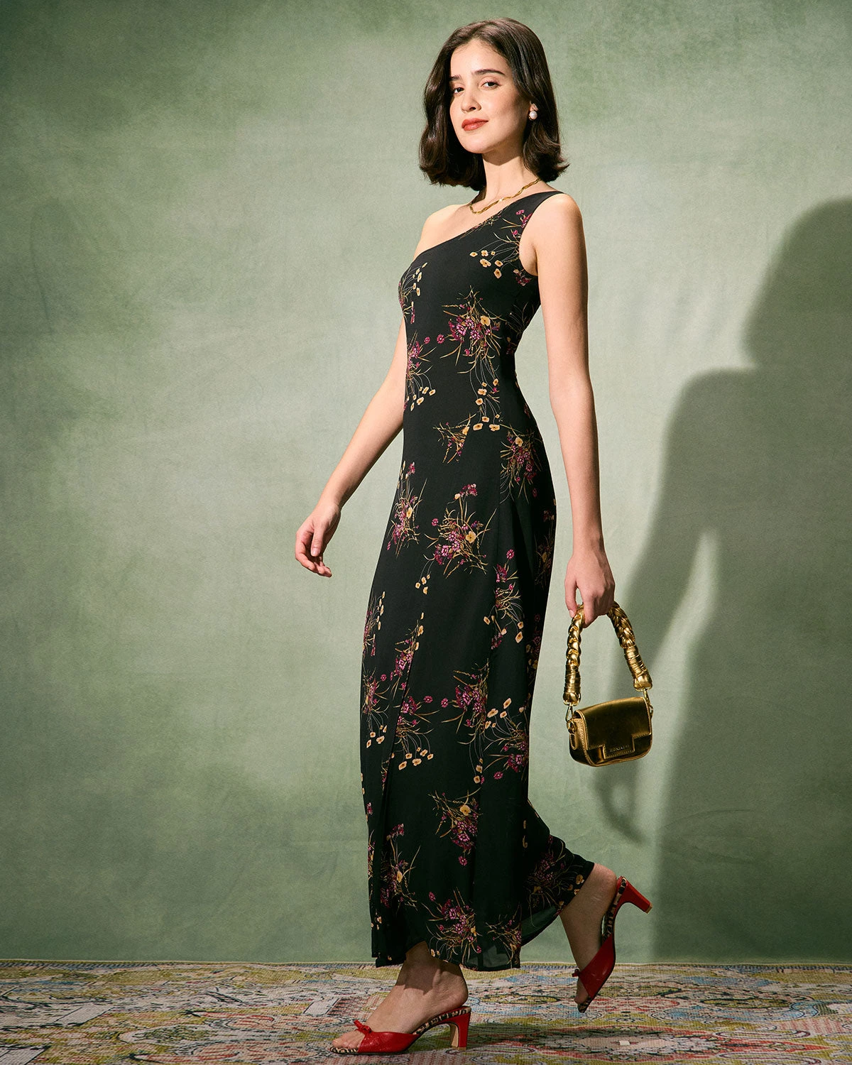The Black One-Shoulder Floral Slit Maxi Dress 3 The Black One-Shoulder Floral Slit Maxi Dress - Image 3