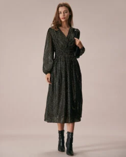 The Black V Neck Shirred Overlapping Midi Dress -CINN Clothing Shop the black overlapping v neck dress dresses 6mykpm