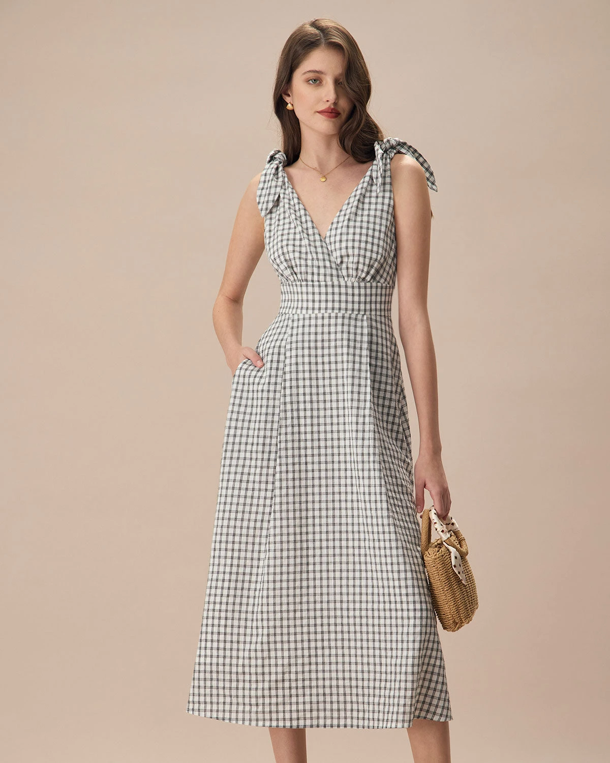 The Black V-Neck Plaid Tie Strap Cotton Midi Dress 1 The Black V-Neck Plaid Tie Strap Cotton Midi Dress