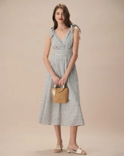 The Black V-Neck Plaid Tie Strap Cotton Midi Dress 11 The Black V-Neck Plaid Tie Strap Cotton Midi Dress -CINN Clothing Shop the black plaid tie strap midi dress dresses o6lefk