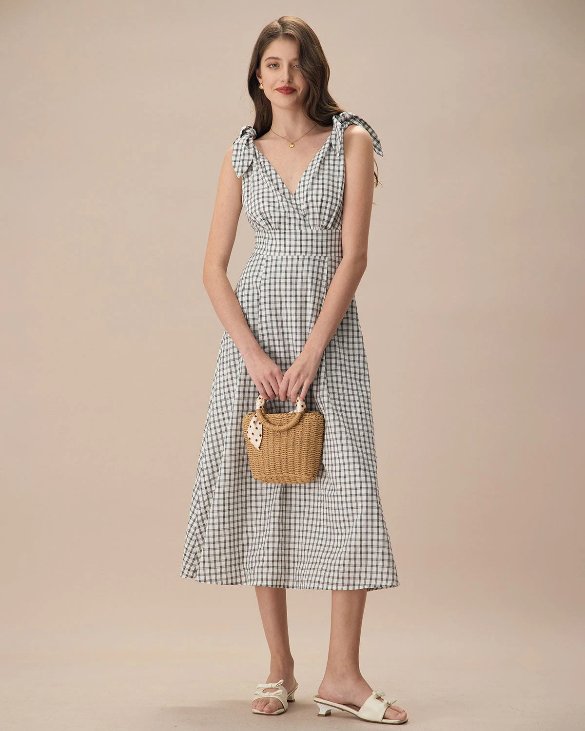The Black V-Neck Plaid Tie Strap Cotton Midi Dress 6 The Black V-Neck Plaid Tie Strap Cotton Midi Dress - Image 6