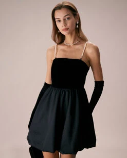 The Black Removable Straps Velvet Mini Dress