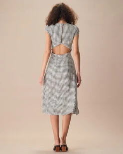 The Black Round Neck Cap Sleeve Plaid Midi Dress 7 The Black Round Neck Cap Sleeve Plaid Midi Dress -CINN Clothing Shop the black round neck cap sleeve plaid midi dress dresses c79zls