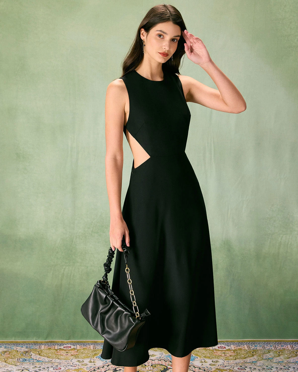The Black Round Neck Cut-Out Midi Dress 2 The Black Round Neck Cut-Out Midi Dress - Image 2