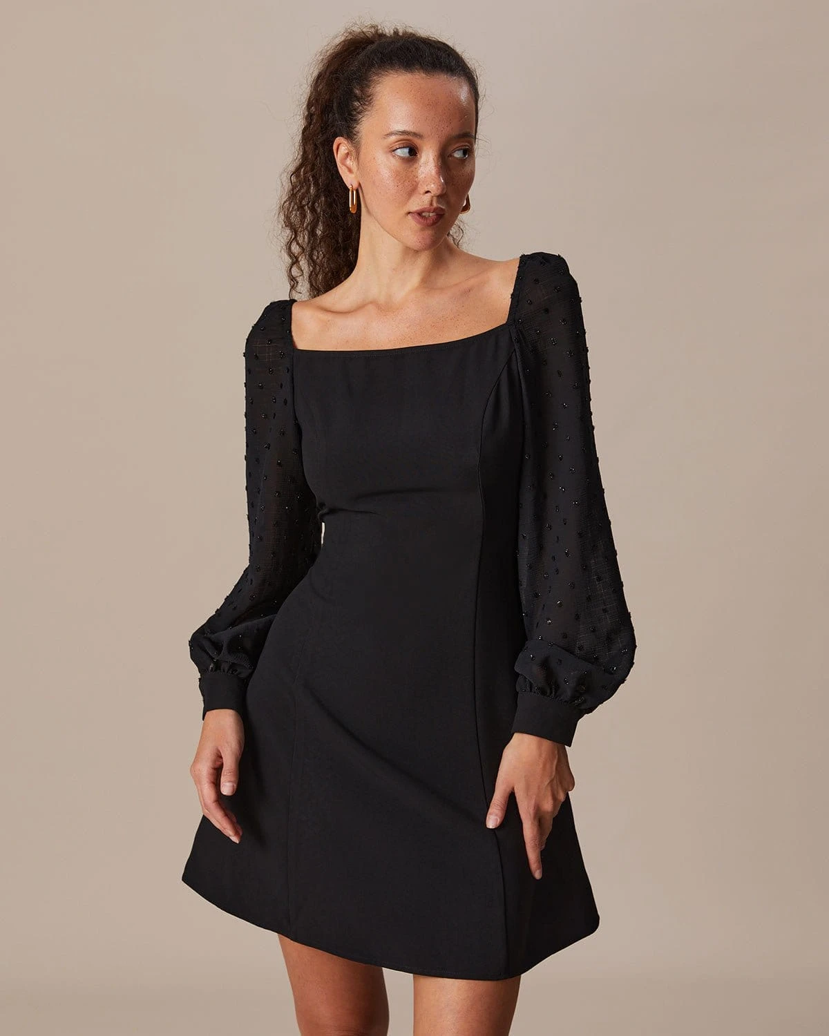 The Black Square Neck Lantern Sleeve Mini Dress 1 The Black Square Neck Lantern Sleeve Mini Dress