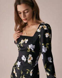 The Black Square Neck Floral Slit Midi Dress 10 The Black Square Neck Floral Slit Midi Dress -CINN Clothing Shop the black square neck floral midi dress dresses 4mfrtw