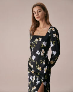 The Black Square Neck Floral Slit Midi Dress 9 The Black Square Neck Floral Slit Midi Dress -CINN Clothing Shop the black square neck floral midi dress dresses f4trvf