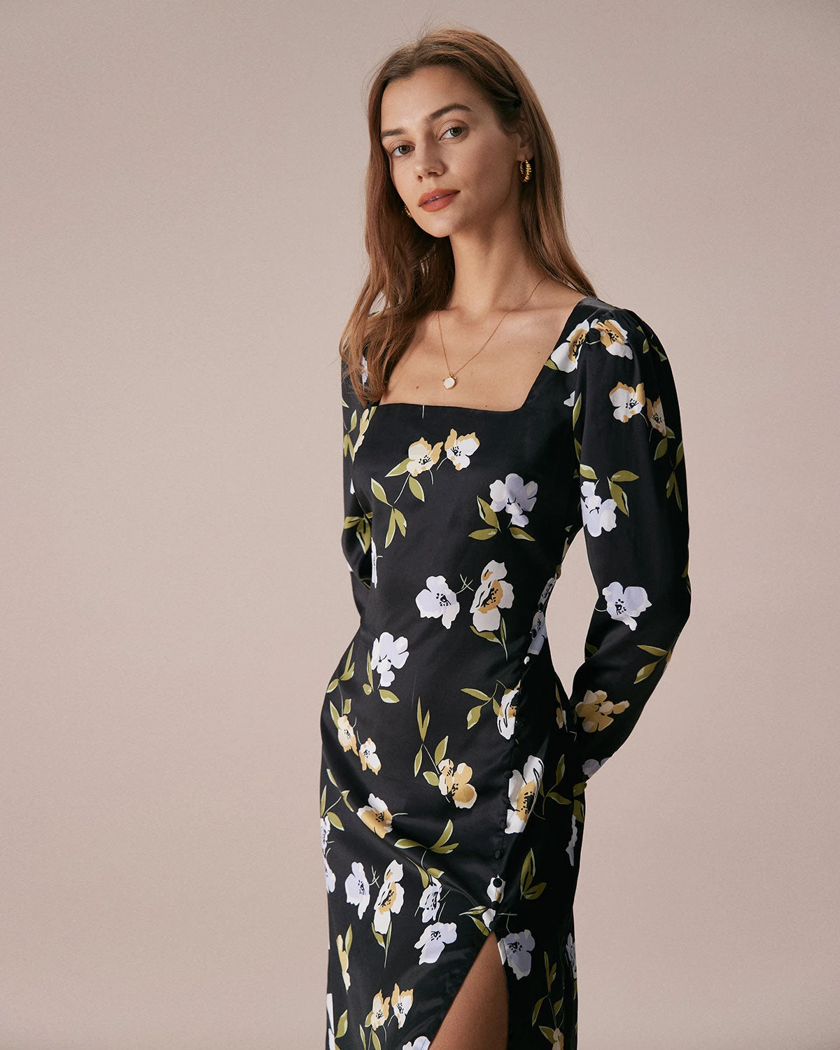 The Black Square Neck Floral Slit Midi Dress 4 The Black Square Neck Floral Slit Midi Dress - Image 4