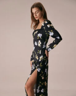 The Black Square Neck Floral Slit Midi Dress 8 The Black Square Neck Floral Slit Midi Dress -CINN Clothing Shop the black square neck floral midi dress dresses wktn7p