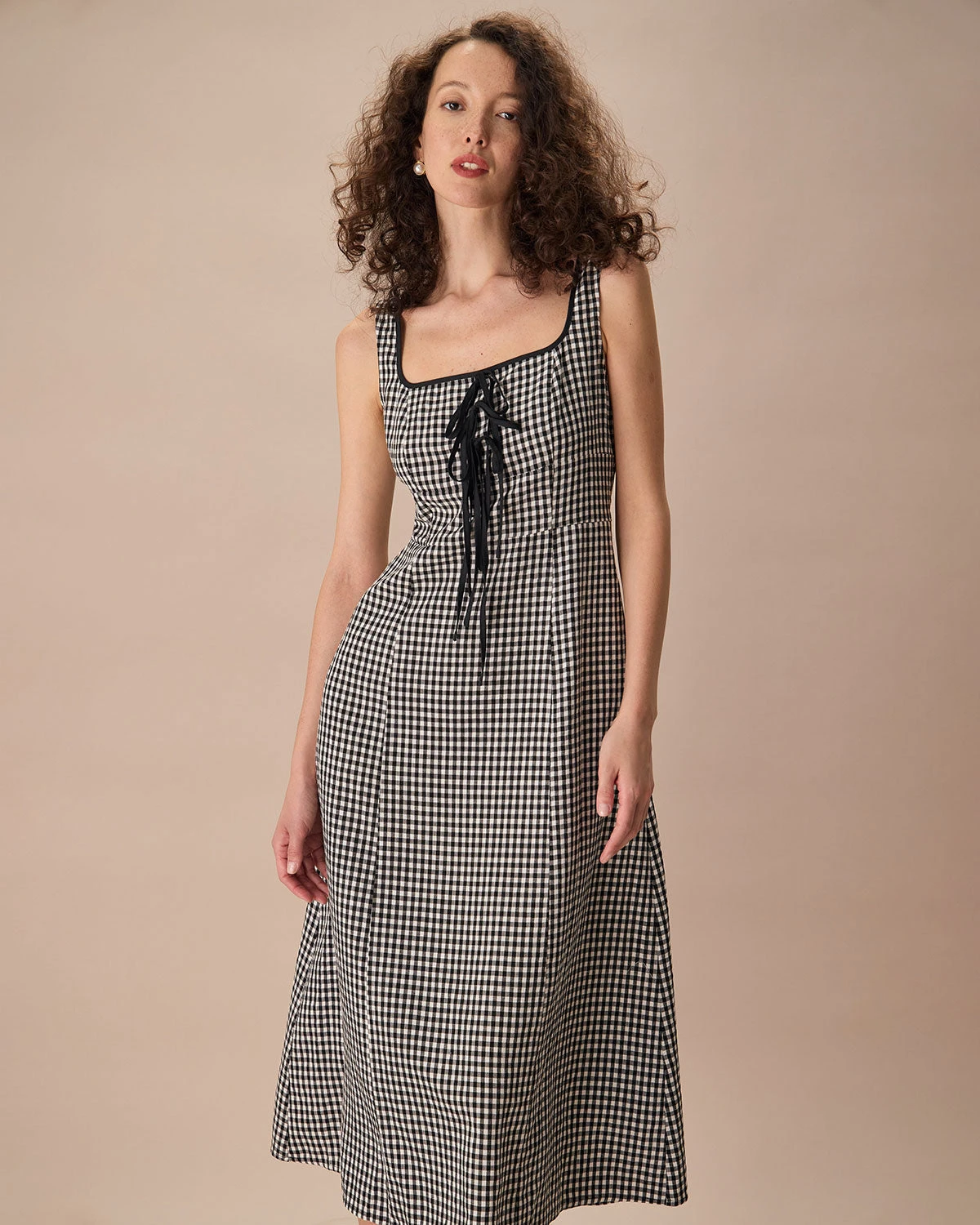 The Black Square Neck Tie Plaid Midi Dress 1 The Black Square Neck Tie Plaid Midi Dress