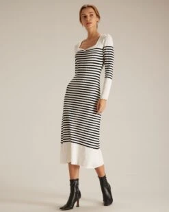 The Black Sweetheart Neck Striped Midi Dress -CINN Clothing Shop the black striped knit midi dress dresses pi7vwr