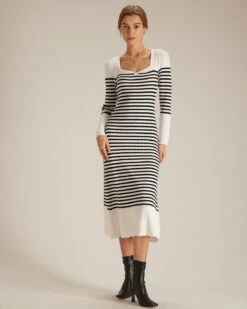 The Black Sweetheart Neck Striped Midi Dress -CINN Clothing Shop the black striped knit midi dress dresses zl1c1f