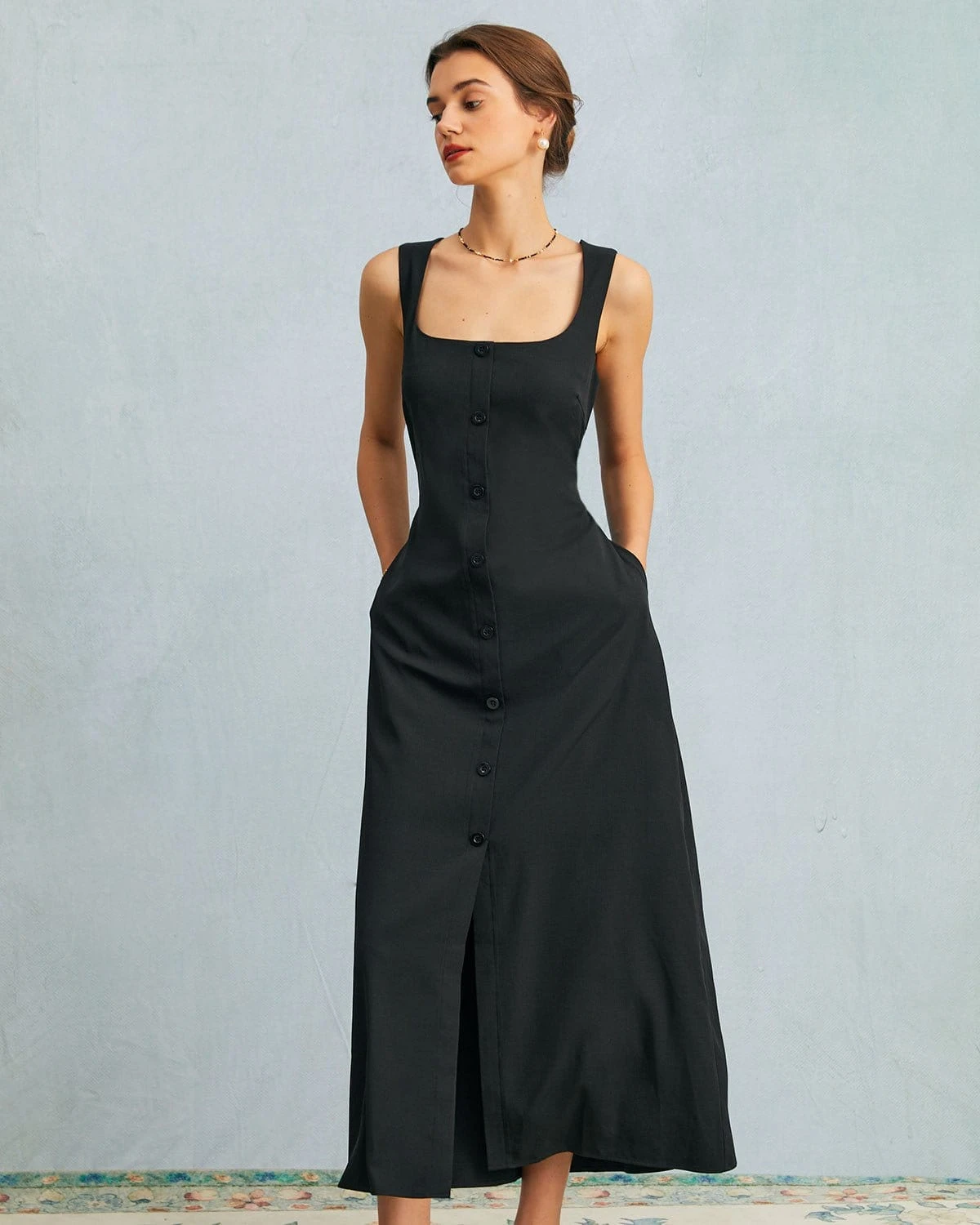 The Black U Neck Tie Back Sleeveless Maxi Dress 1 The Black U Neck Tie Back Sleeveless Maxi Dress