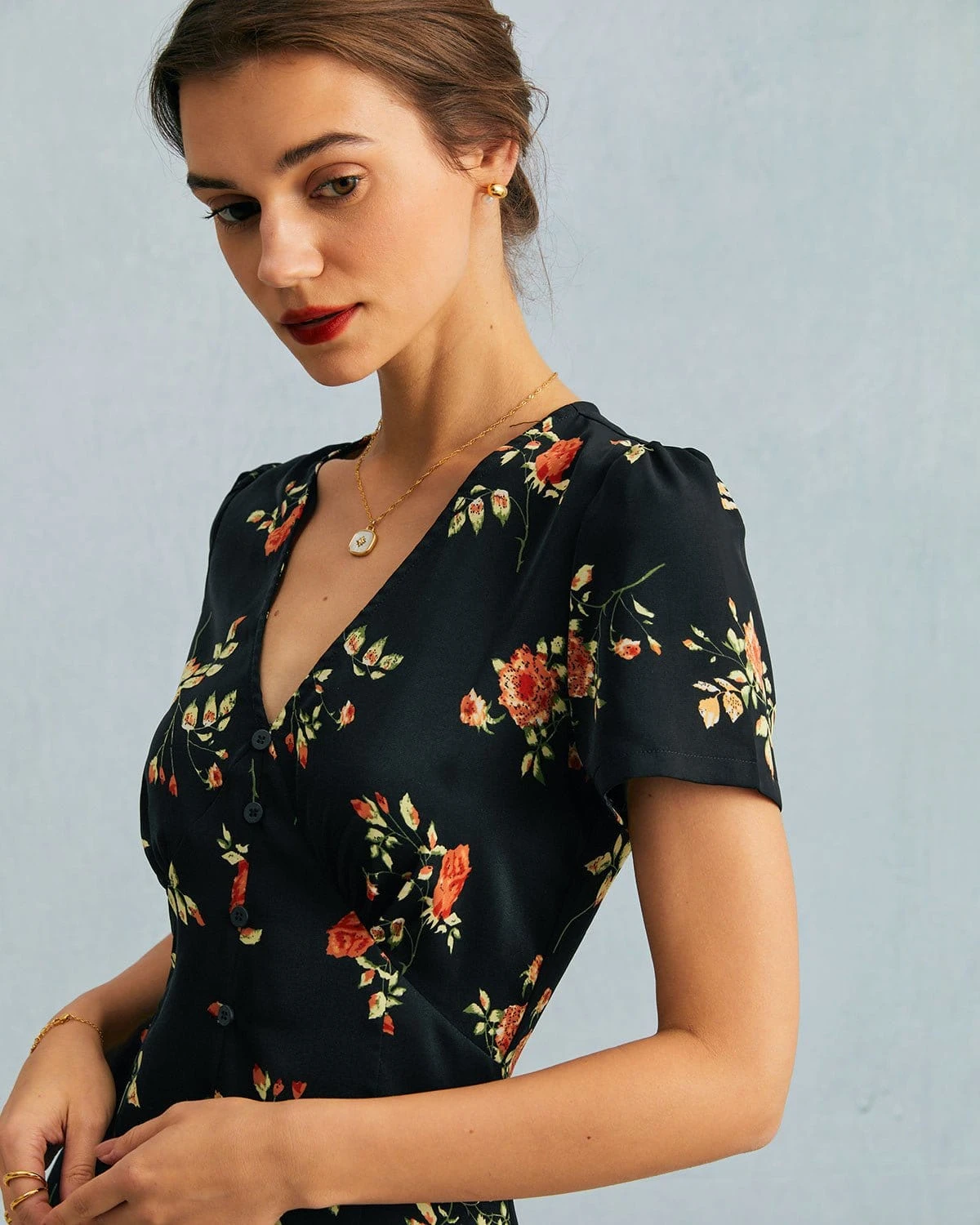 The Black V Neck Floral Short Sleeve Maxi Dress 3 The Black V Neck Floral Short Sleeve Maxi Dress - Image 3